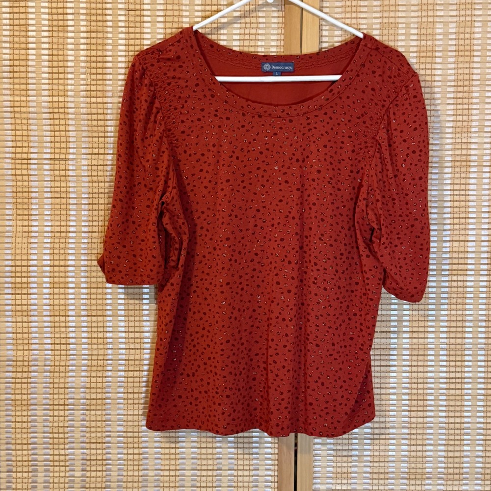 Democracy Womens Rust Red Metallic Foil Dot Puff Sleeve Lace Trim Top L Boho